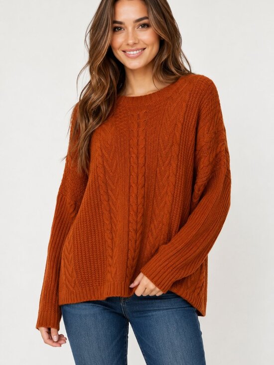 Joseph A Sweaters - Joseph A Burnt Orange Cable Knit Sweater Women’s Large L Acrylic Crew Neck Pullo